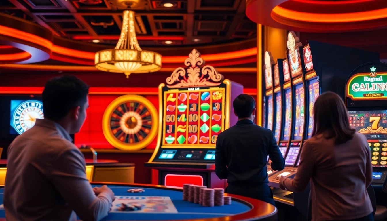 Engaging players at qqmacan enjoy a thrilling slot machine experience in a luxurious casino.