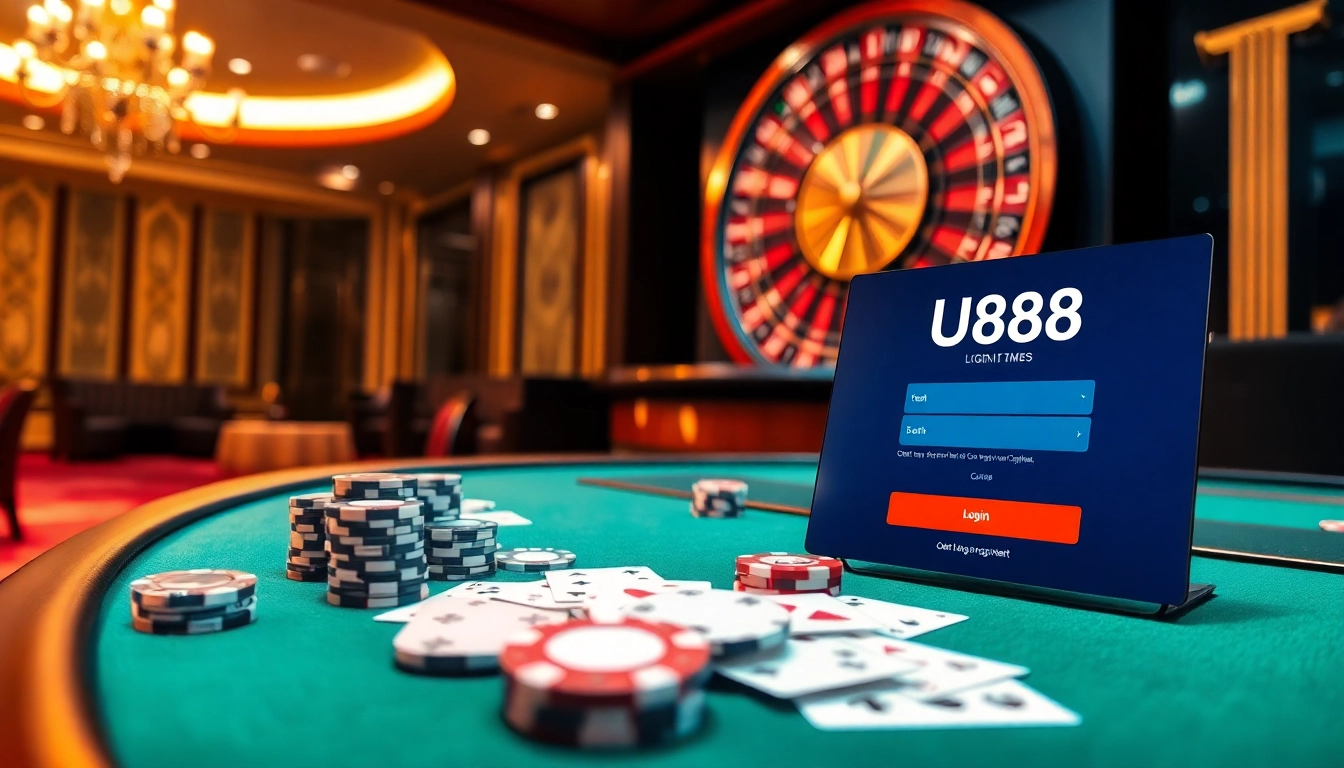 Exciting U888 login screen with poker chips and gaming table ambiance.