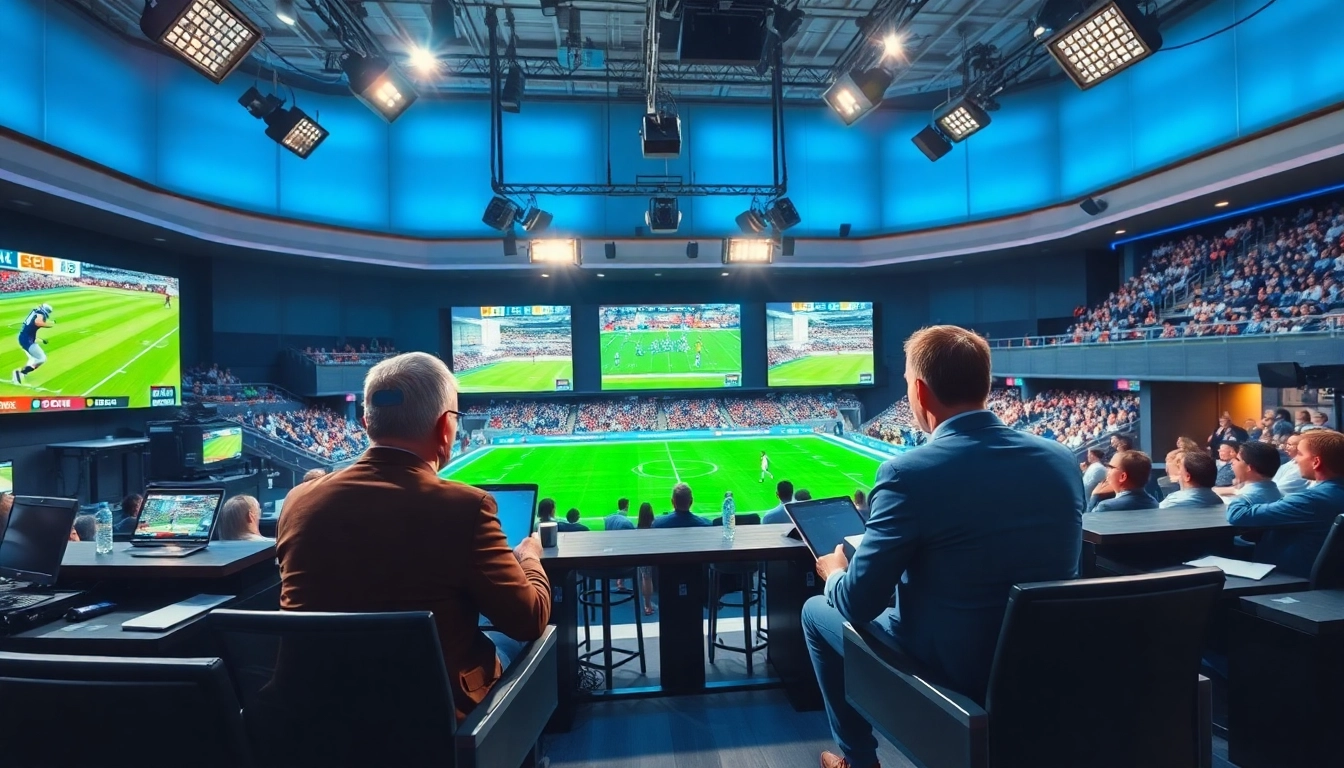 Engaged broadcasters delivering sports broadcasting updates in a professional studio setting.