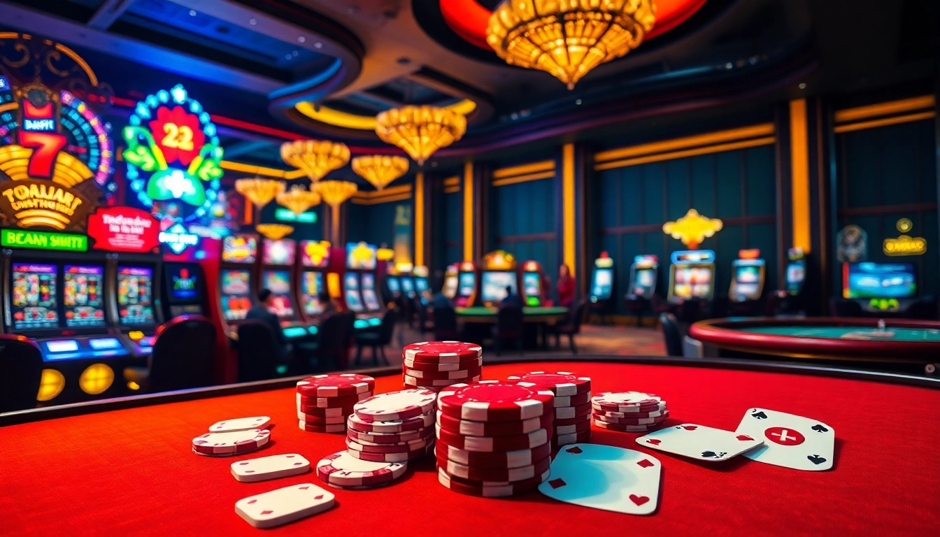 Exciting gaming scene at Trang chủ Luck8 with vibrant casino tables, poker chips, and slot machines.