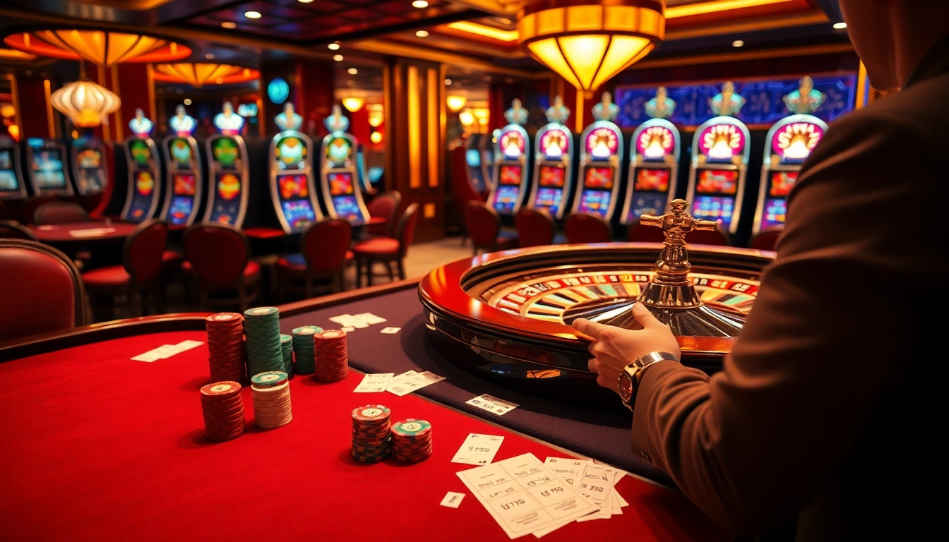 Kèo Châu Á betting action featuring elegant casino tables, chips, and sports betting slips.
