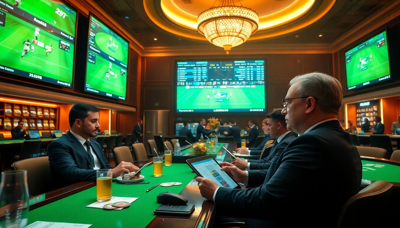 Techniques for sports betting depicted in a vibrant, luxurious sportsbook setting.