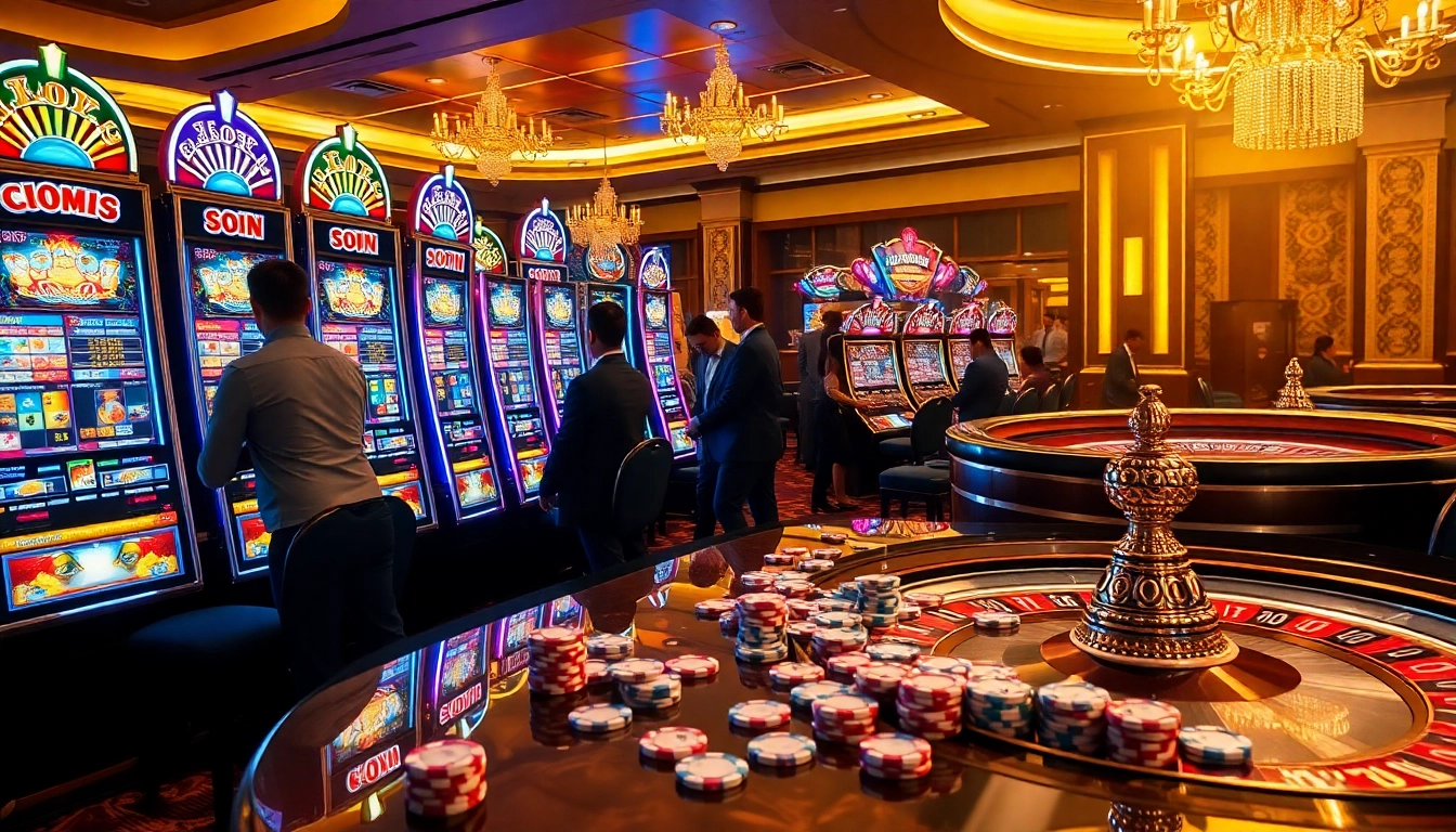 Experience the excitement of bro138 with vibrant slot machines and engaging players at a luxurious casino.