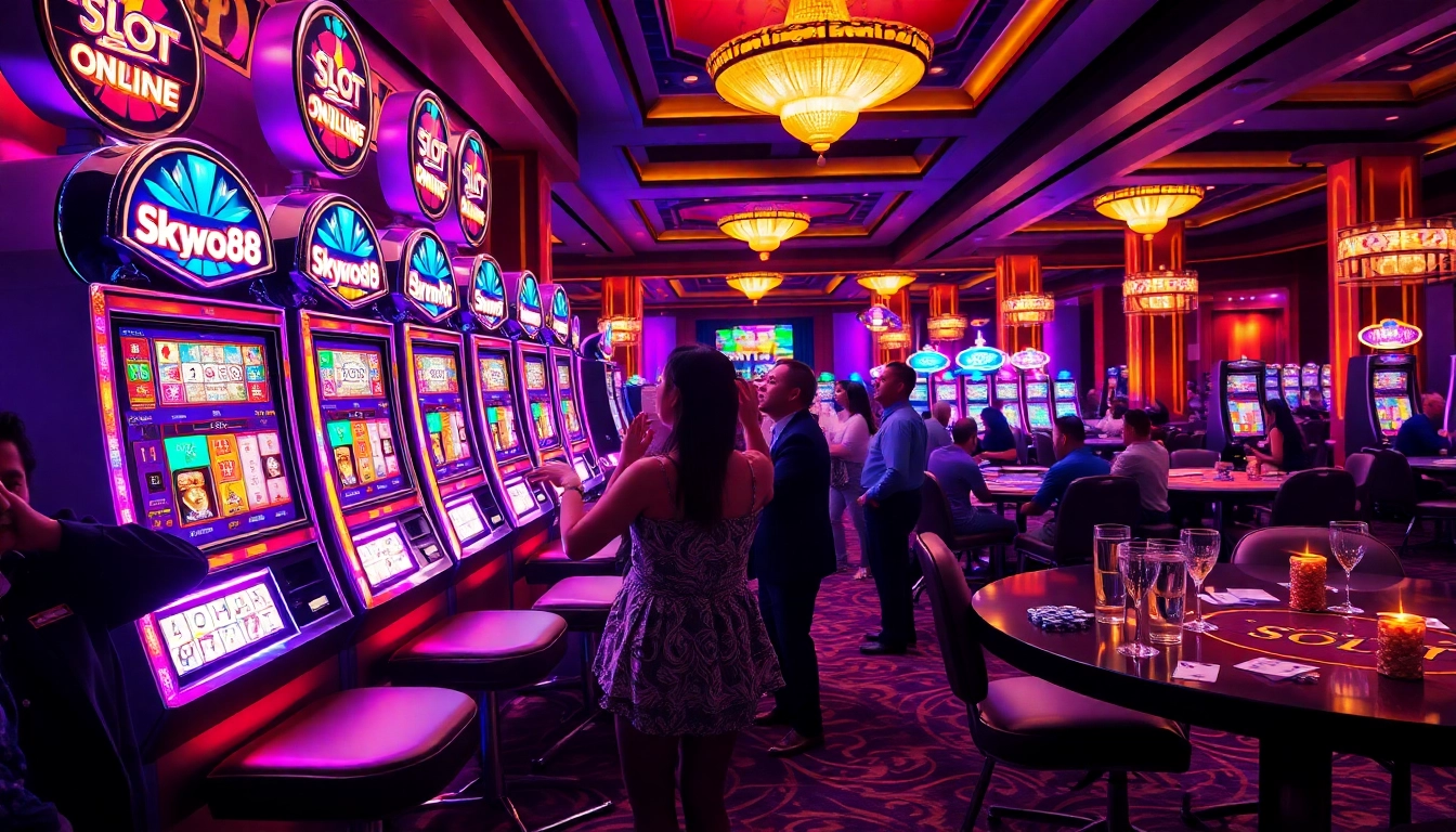 Excited players enjoying slot online apiraja88 at a vibrant casino with luxurious decor and colorful machines.