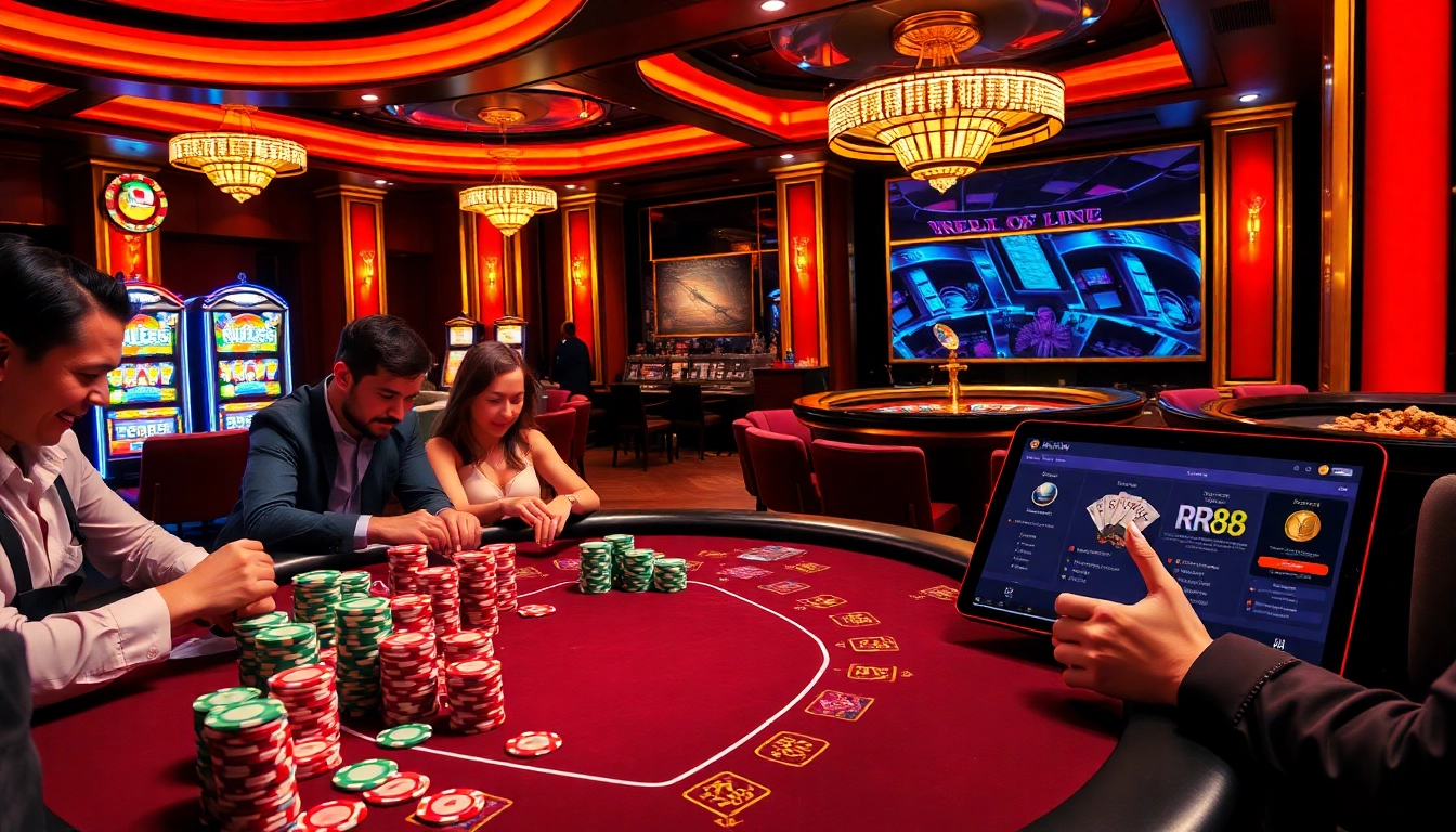 Players strategizing at a high-stakes poker table during the RR88 Auction event, surrounded by luxury.