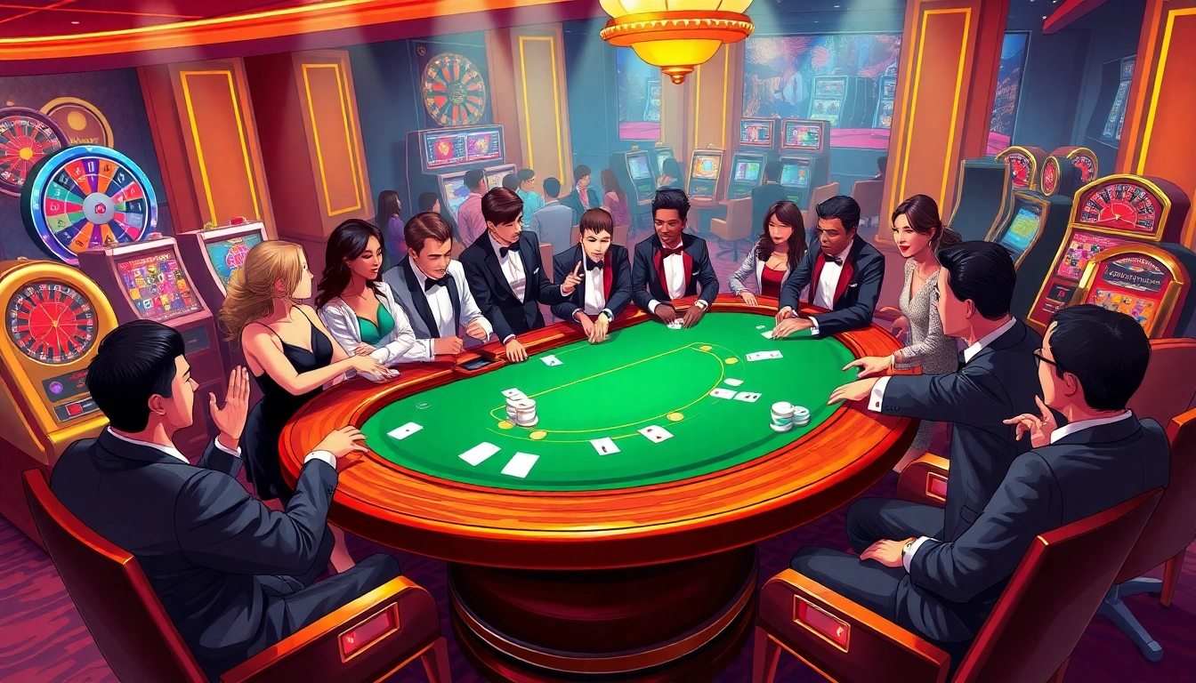 SODO casino scene with engaged players at a blackjack table and vibrant slot machines.