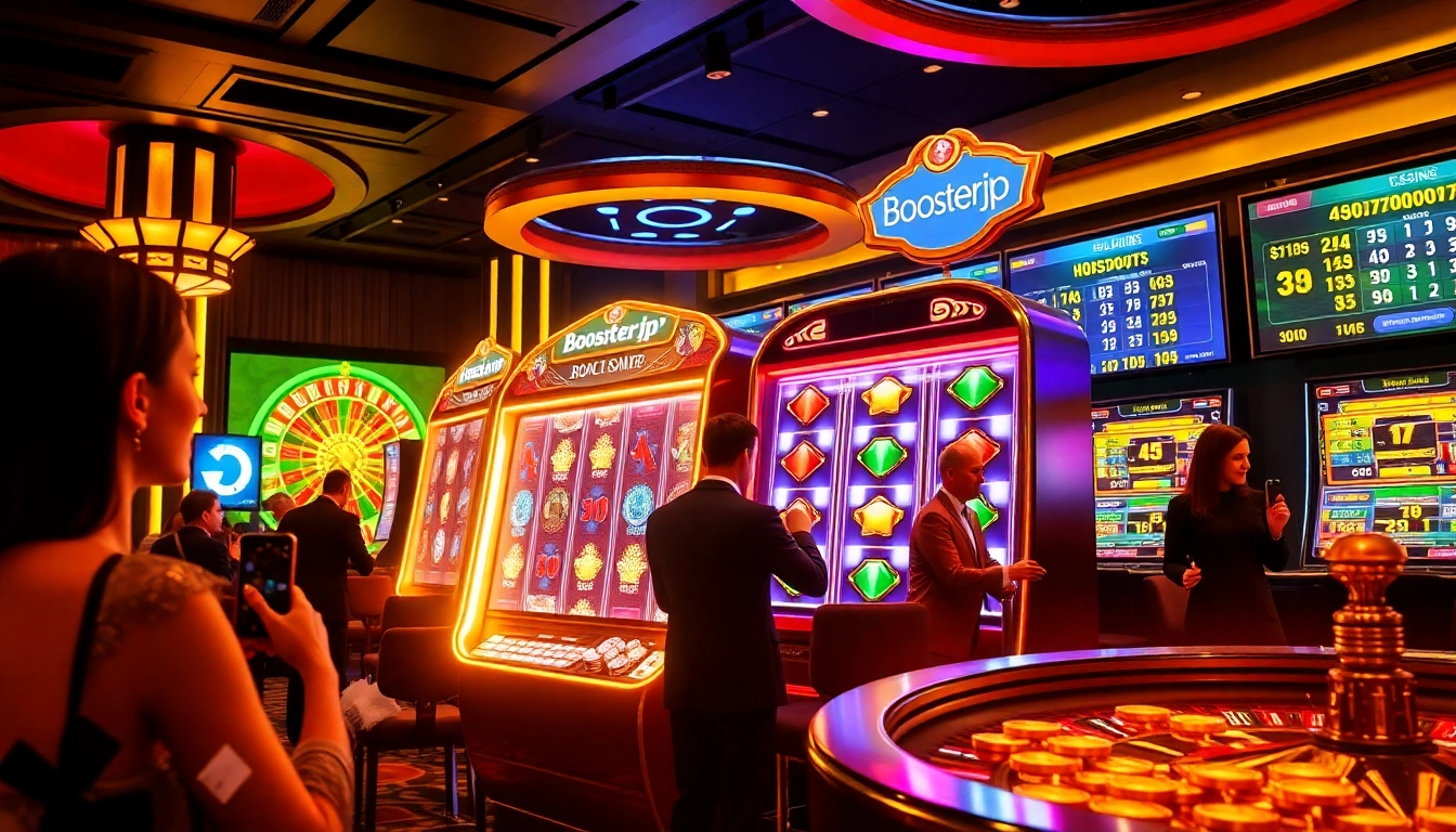 Players enjoying the Boosterjp slot game in a luxurious casino environment with vibrant visuals.