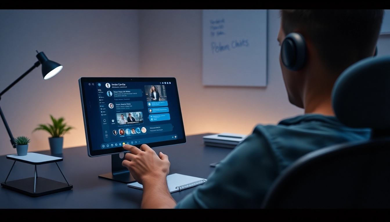 Interactive porn ai chat interface in a modern workspace with ambient lighting.
