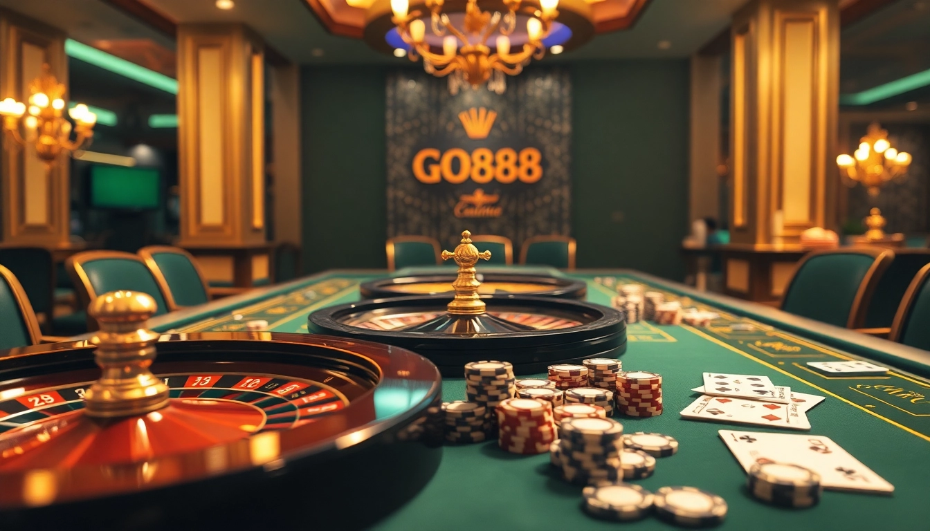 Enjoying an exciting game at Go88vn casino table with poker chips and roulette wheel.