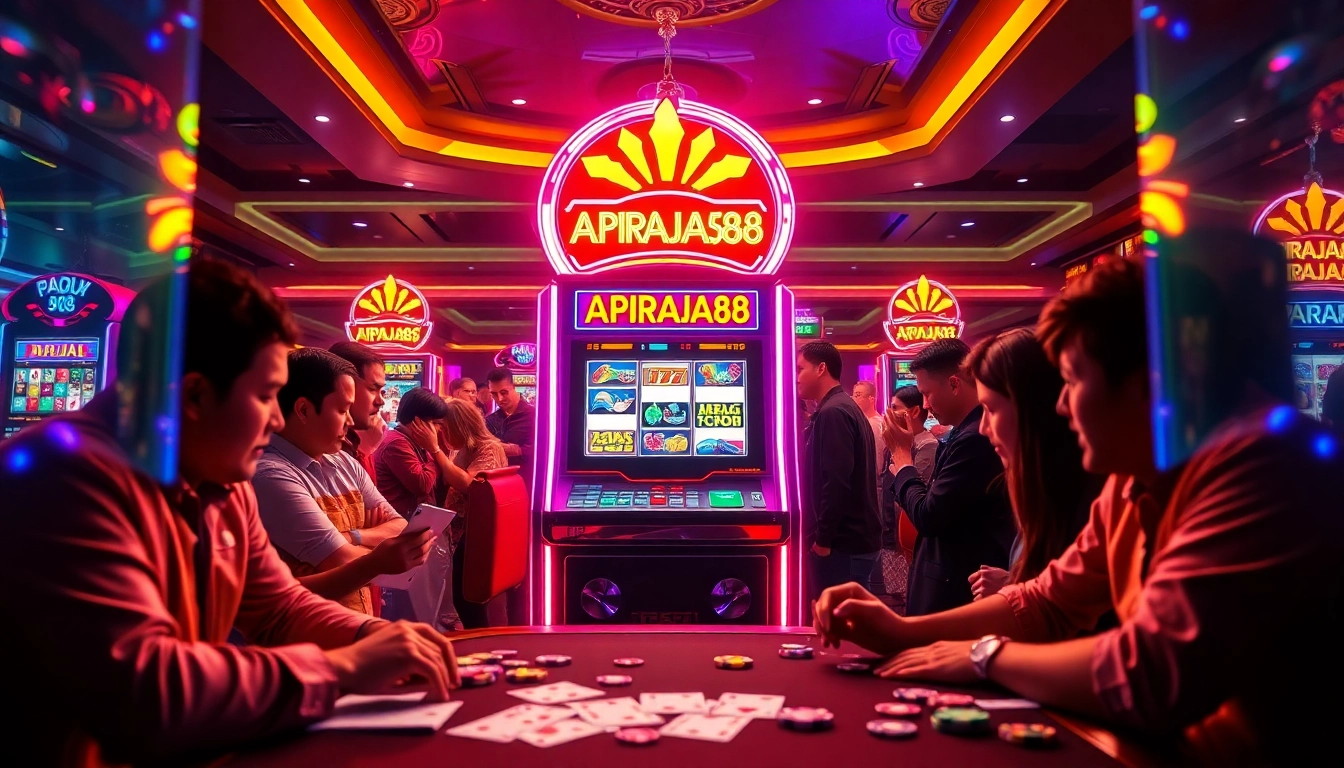 Excited players engaging with the slot online apiraja88 game, illuminated by vibrant casino lights.