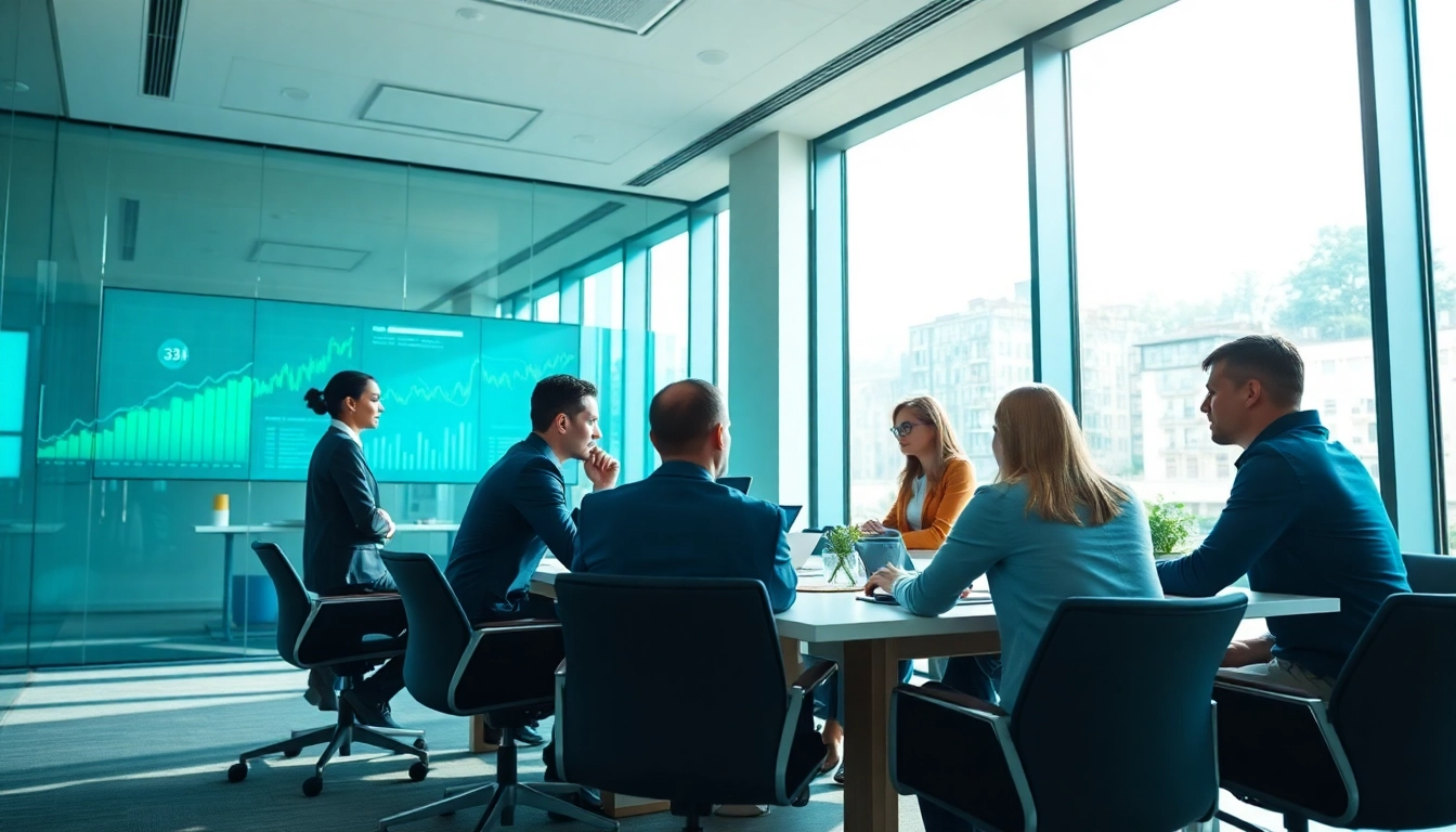 Engaged business team collaborating in a modern office, representing 33WIN's innovative approach.