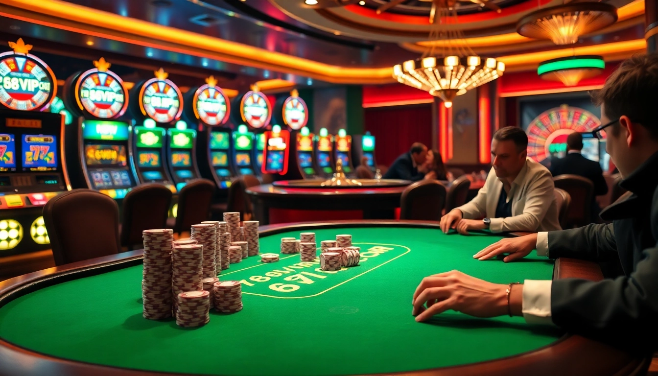 Experience the thrill of high-stakes poker and slots at 68VIP.COM in a vibrant casino atmosphere.