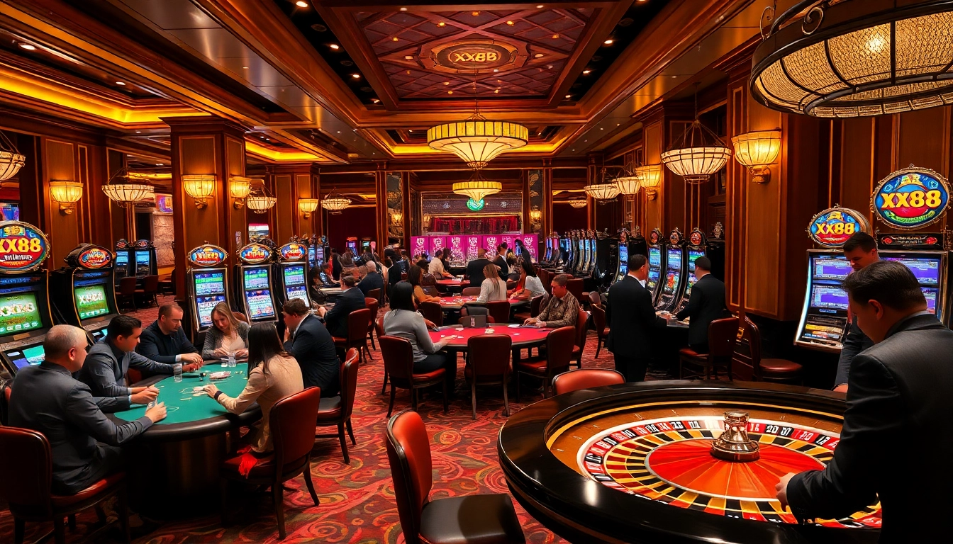 Experience the excitement of XX88 with players enjoying poker, roulette, and slots in a luxurious casino.