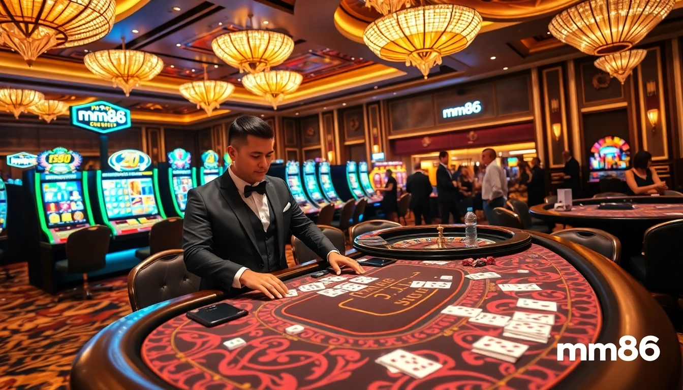 Experience the thrill of mm88 with vibrant casino tables and eager players in a luxurious setting.