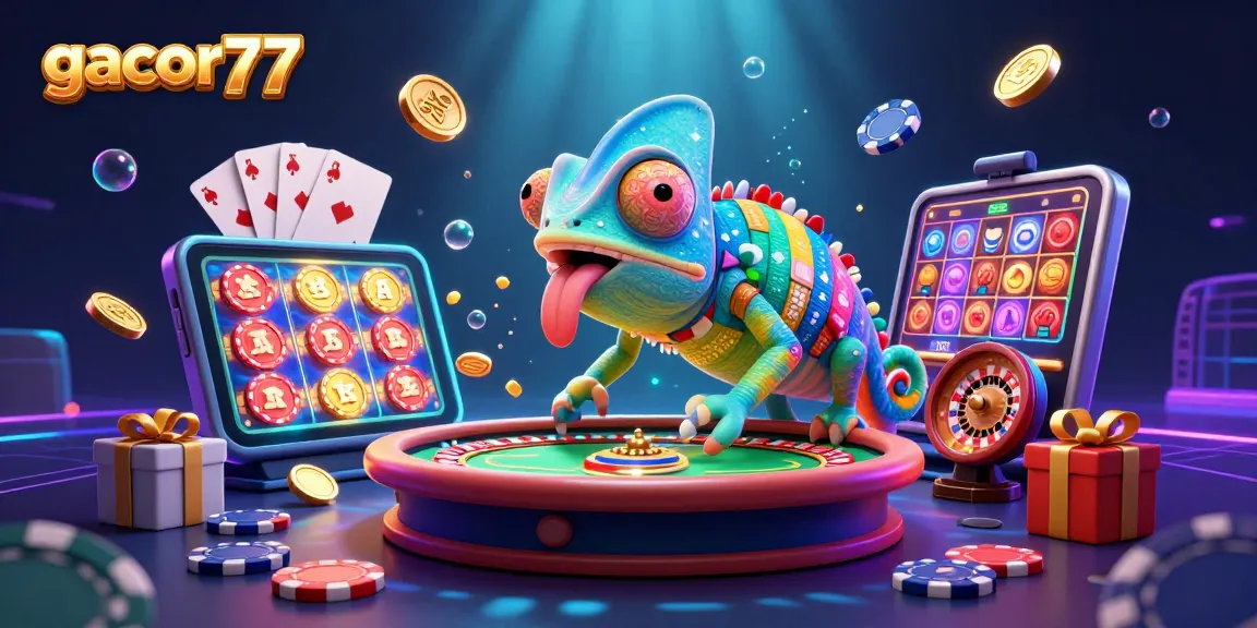 Gacor77 menampilkan chameleon kasino 3D yang menangkap koin emas di meja roulette dan slot.