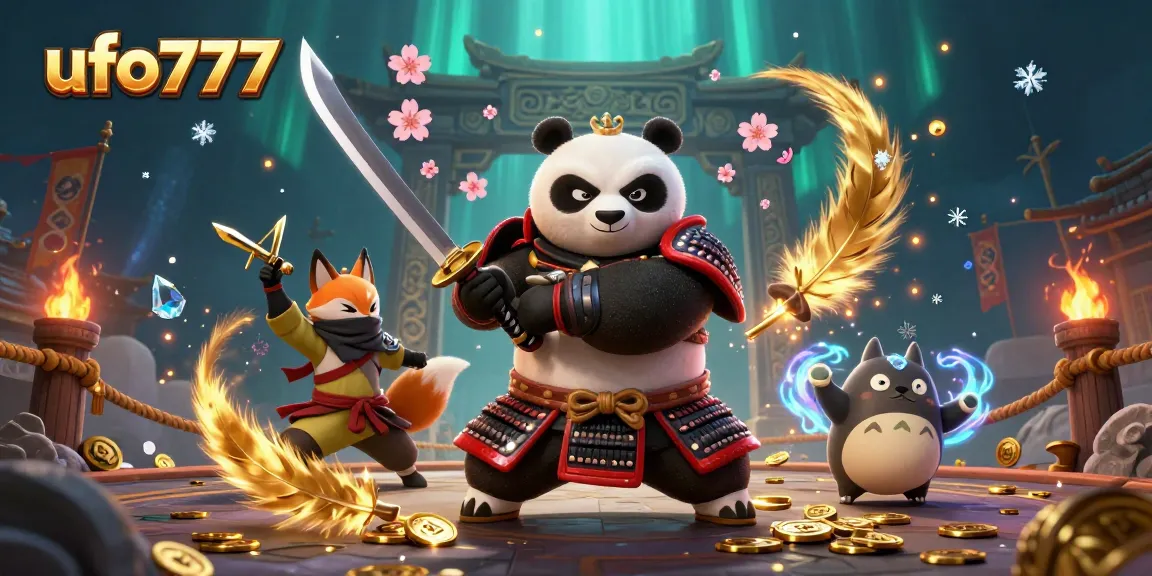Engage with ufo777 in a thrilling 3D illustrated battle scene featuring samurai panda and ninja fox.